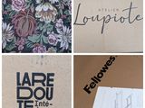four different images of a box with a flower pattern and the words larfe dou et le fleurss