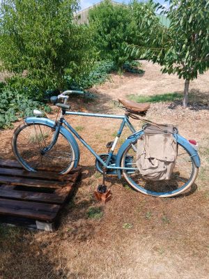 a blue bicycle that is parked next to a wooden bench