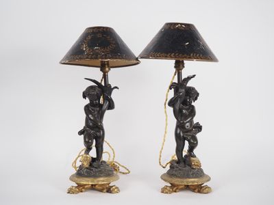 Paire de lampes en bronze doré et porcelaine blanche en form…
