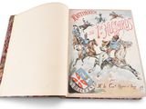 an open book with a picture of a knight riding on a horse