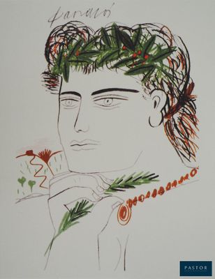 dessin représentant un homme coiffé d'une couronne de fleurs et tenant une fleur à la main