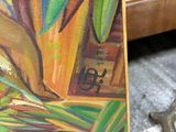 a painting of a banana on a table next to a clock