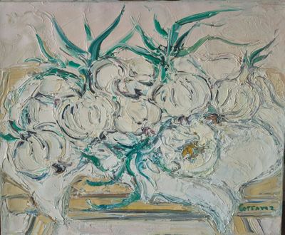 a painting of a vase of flowers on a table