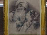 an old picture of a man and a woman with a dog