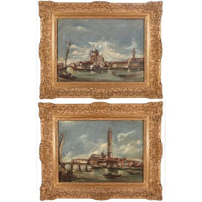 paire de peintures à l'huile du XIXe siècle représentant Venise et le Grand Canal