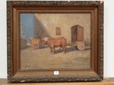 a painting of two cows standing in front of a building