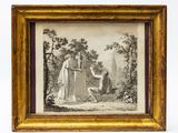 a framed picture of a woman and a man in a garden