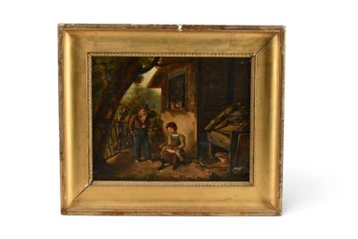 une peinture à l'huile représentant un homme et un enfant devant une maison