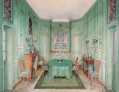 painting of a dining room with green walls and a table with a green table cloth
