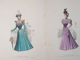 two illustrations of women in fancy dresses on the same page