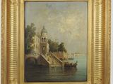 an oil painting of a river scene with a bridge and a boat