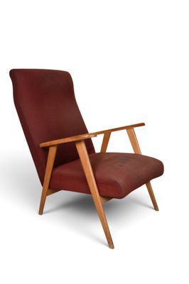 an image of a red chair with a wooden frame on a white background