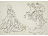 two drawings of a woman and a man on a horse