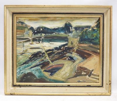 an image of a painting of a man standing on a boat in the water