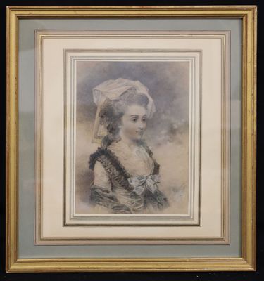 a painting of a woman in a white hat and dress