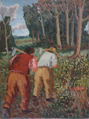 tableau représentant deux hommes travaillant dans un champ, avec des arbres en arrière-plan