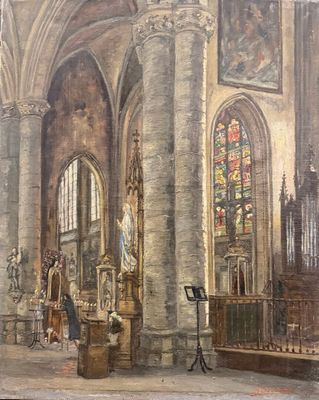 peinture représentant l'intérieur d'une église avec une statue au premier plan