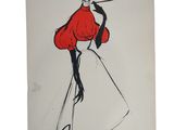 a drawing of a woman in a red dress holding a cigarette