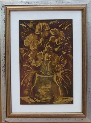 painting of flowers in a vase on a table in a room