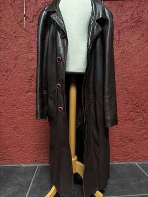 Anonyme Trench coat homme en cuir marron, col simple boutonn…