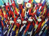 abstract painting of a bunch of red and yellow lights on a blue background