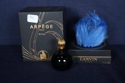 une image représentant un flacon de parfum à côté d'une boîte ornée d'une plume bleue