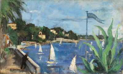 une peinture représentant des voiliers sur l'eau, avec un drapeau en arrière-plan