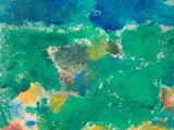 une peinture abstraite représentant un champ vert avec un ciel bleu en arrière-plan