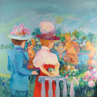 tableau représentant deux femmes debout devant un tableau représentant des fleurs