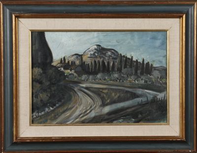 an oil painting of a landscape with a mountain in the background