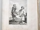an old book with a picture of a man and a woman sitting on a bench
