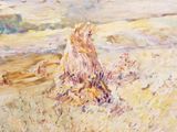 an image of a painting of a woman sitting in a field