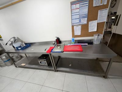 a large stainless steel work table in a commercial kitchen