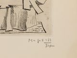a black and white drawing of a man sitting at a table