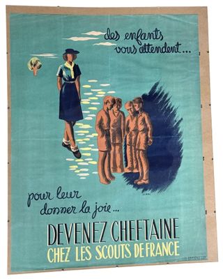 french poster of a woman leading a group of children on a beach