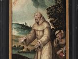 a painting of a man in a monk ' s robes holding a staff