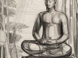 dessin représentant un Bouddha assis en position de méditation dans une pièce