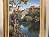 tableau représentant une scène fluviale avec un arbre et des montagnes en arrière-plan
