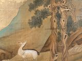 an image of a painting of a deer and a bird in a mountainous landscape