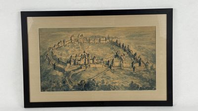 painting of a castle in the middle of a field with trees in the foreground