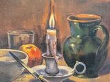 une nature morte représentant une bougie et une corbeille de fruits