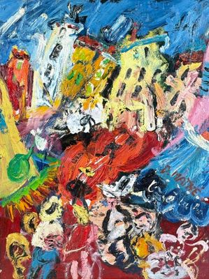 une peinture à l'huile représentant un groupe de personnes sur un fond rouge