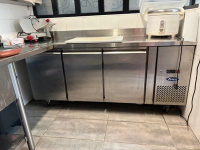 a stainless steel counter in a commercial kitchen