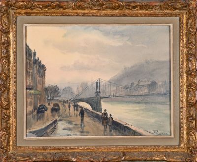 an image of a painting of a bridge over a body of water