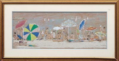 a painting of a beach scene with people and umbrellas