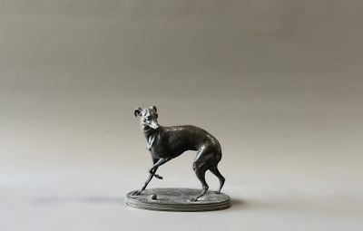 figurine représentant un chien courant sur une pièce de monnaie, sur fond blanc