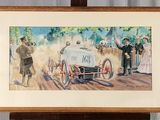 un tableau représentant une voiture de course, exposé sur un chevalet