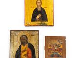 three religious paintings of saints and saints on a white background
