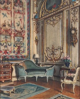 peinture représentant un dessin d'un salon avec un canapé et un fauteuil