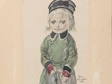 a painting of a little girl in a green dress